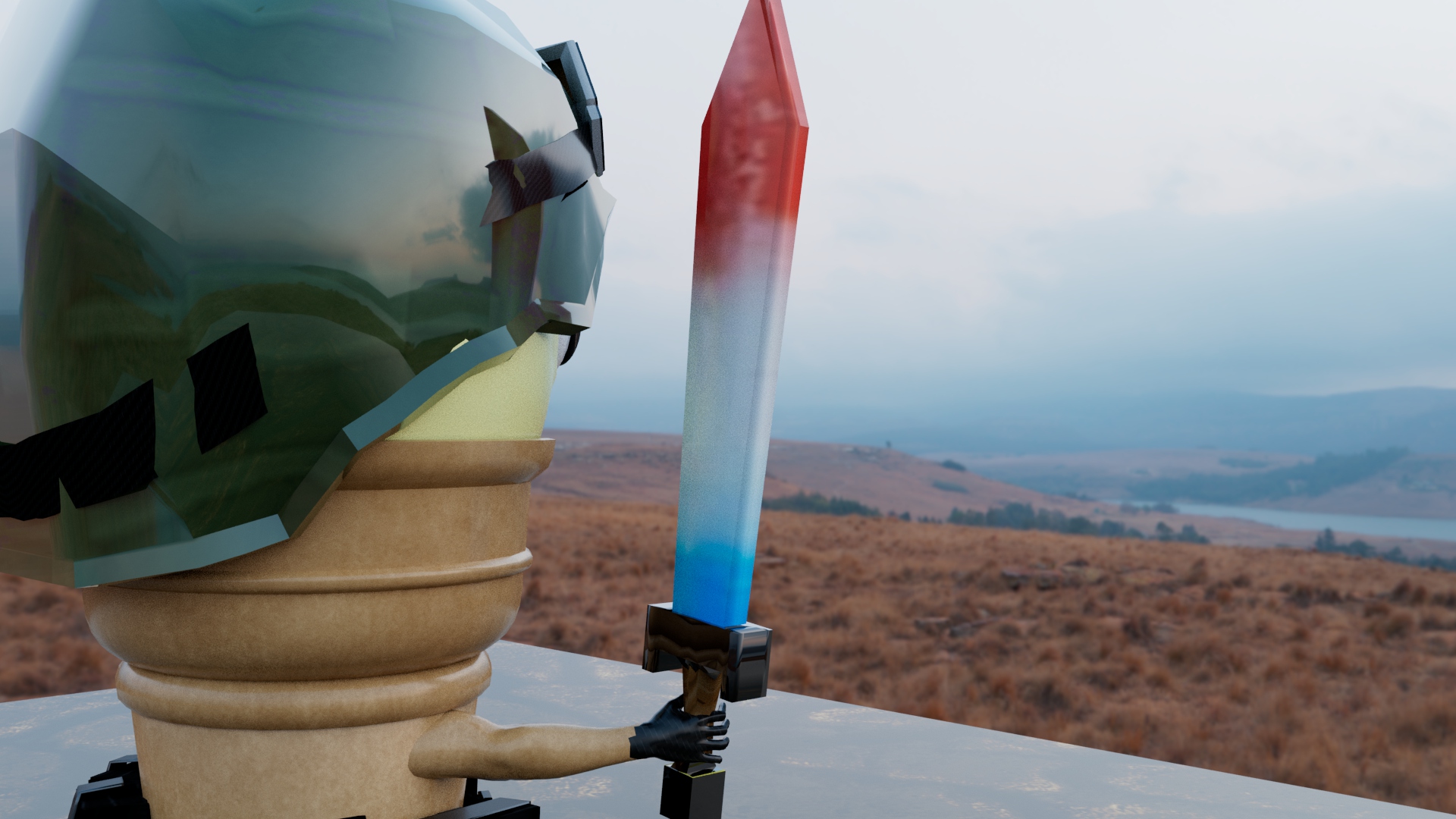 Close final render showing Commander Rock E. Rhode and the sword