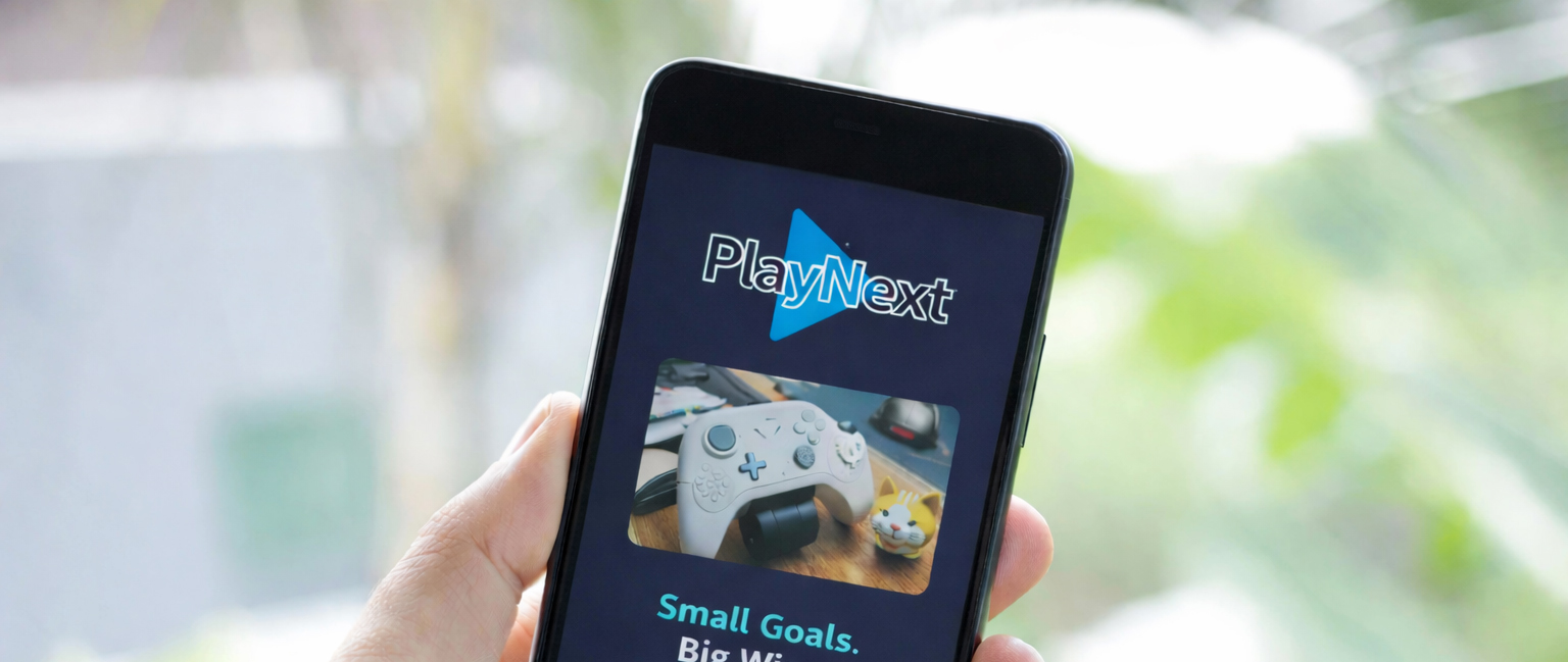 PlayNext mobile app design shown on a phone